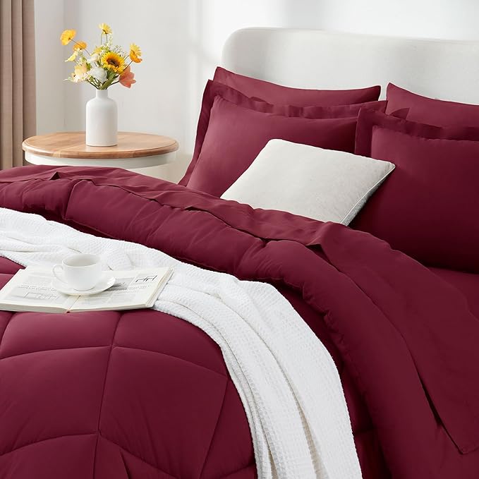 CozyLux Queen Comforter Set Burgundy - Bed in a Bag Queen Size 7 Pieces, Luxury Soft Bed Set for All Seasons, Bedding Set with Down Alternative Comforter, Sheets, Pillowcases & Shams, Red