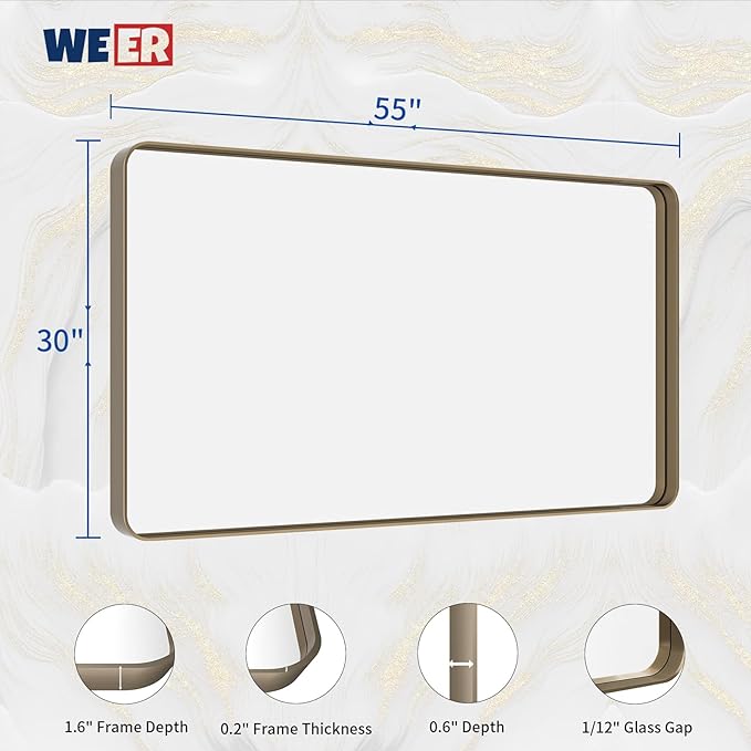 WEER 55x30 Inch Bronze Bathroom Mirror for Vanity, Brushed Bronze Metal Frame Rounded Rectangle Mirror with Tempered Glass, Anti-Rust (Horizontal/Vertical)