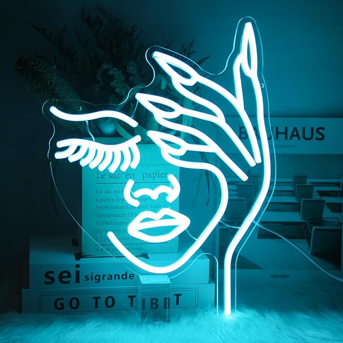 Woman Face Neon Sign Nails Finger LED Signs Lady Lash Neon Light Blue Dimmable Nail Gesture Neon Wall Sign for Bedroom Girls Room Beauty Salon Decor Aesthetic Wall Art Gifts