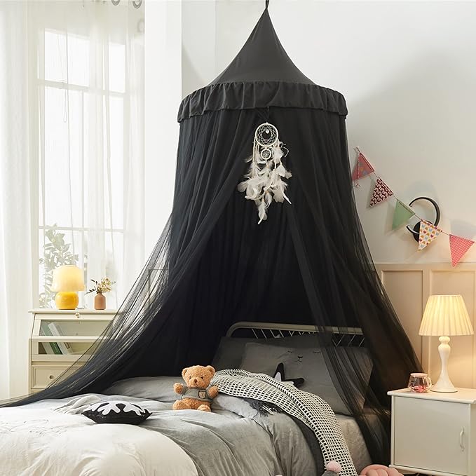 Bed Canopy for Girls,Princess Round Dome Dreamy Mosquito Net Bedding Girls Room Castle Play Tent Hanging House Decor Reading Nook Canopies (Black/Black)