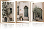 HPNIUB Large Vintage Italy City Landscape Framed Canvas Wall Art Set, Olive Green Tree Country Wall Decor, Modern Minimalist Countryside Villages Picture for Living Room,Bedroom,Office-16 x24 x3