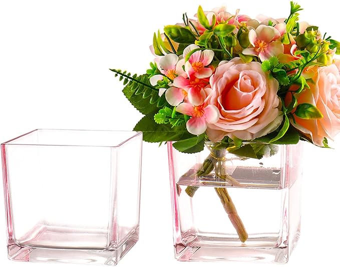 Square Pink Glass Vases Set of 2, 6" x 6" x 6" Square Vase for Centerpieces, Flower Vases for Centerpieces, Small Vase for Wedding, Party, Home Office Decoration