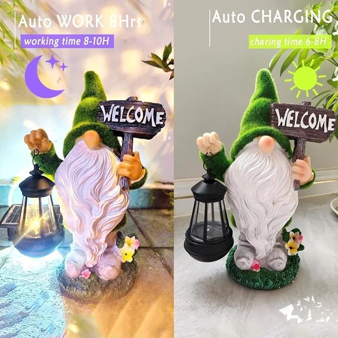 Solar Gnome Outdoor Garden Fall with Solar Lantern - 11’’Halloween Autumn Welcome Gnomes Decorations for Yard Patio (Green & White)