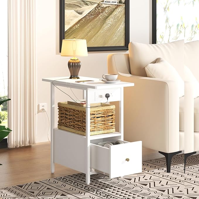 LIDYUK End Table with Charging Station, Narrow Side Table with Drawer and USB Ports & Power Outlets, Nightstand Bedside Tables for Small Spaces, Bedroom, Living Room, White, Set of 2