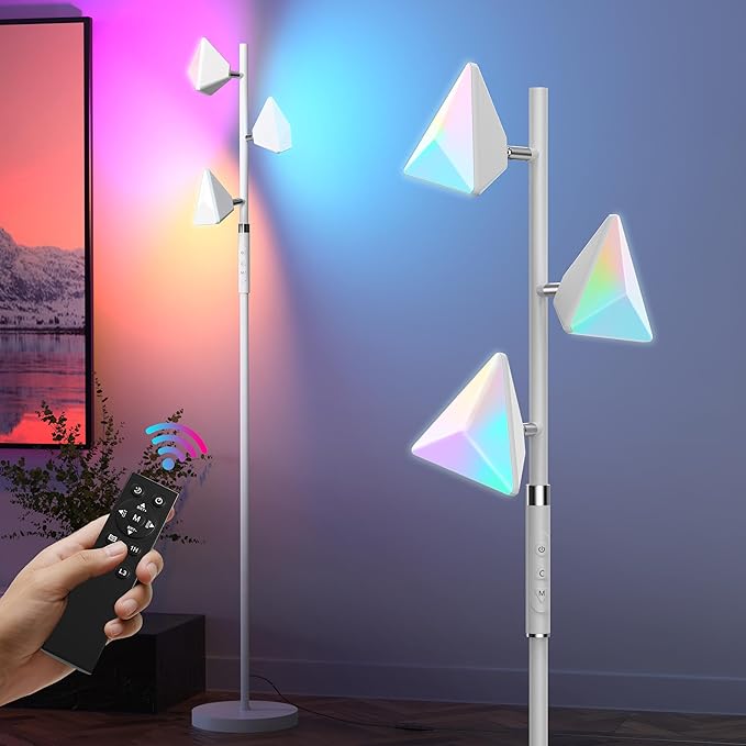 PARTPHONER RGB Tree Floor Lamp for Living Room, Stepless Dimmable Tall Standing Lamp with Remote, Touch Control and 3 Rotatable Light, Bright LED Lights for Bedroom with 4 Color-Changing, White