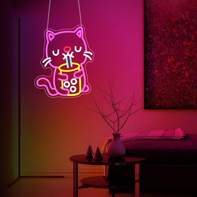 Cat Boba Tea Neon Sign, Neon Signs for Wall Decor Neon LED Signs Room Neon Light Up Signs Home Decor for Bedroom Club Party Bar Shop USB Operated