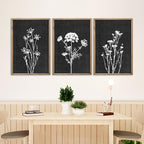 Flower Plant Wall Art Decor 16"x11" Set of 3 Black And White Botanical Painting Wood Framed For Minimalist Bedroom Office Rustic Living Room Abstract Wildflower Sign Hanging (Wood Black)