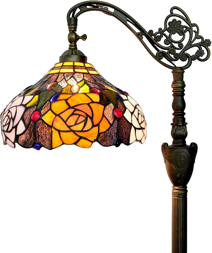 Tiffany Floor Lamp Vintage Standing Lamp Rose flowers Style Stained Glass Floor Light Rustic Corner Gooseneck Floor Lamp with Adjustable Angle for Home Decor Living Room Bedroom 12X12X63 Inches