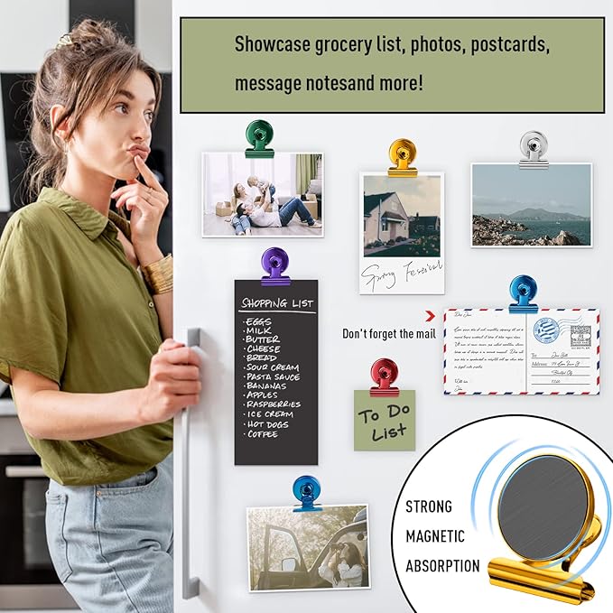 FINDMAG 12 Pack Magnetic Clips for Photo Display and Picture Hanging, Heavy Duty Scratch-Free Fridge Magnets, Strong Clips for Photo Display, Whiteboard, Office, Kitchen, School, 30mm Wide, Gold.