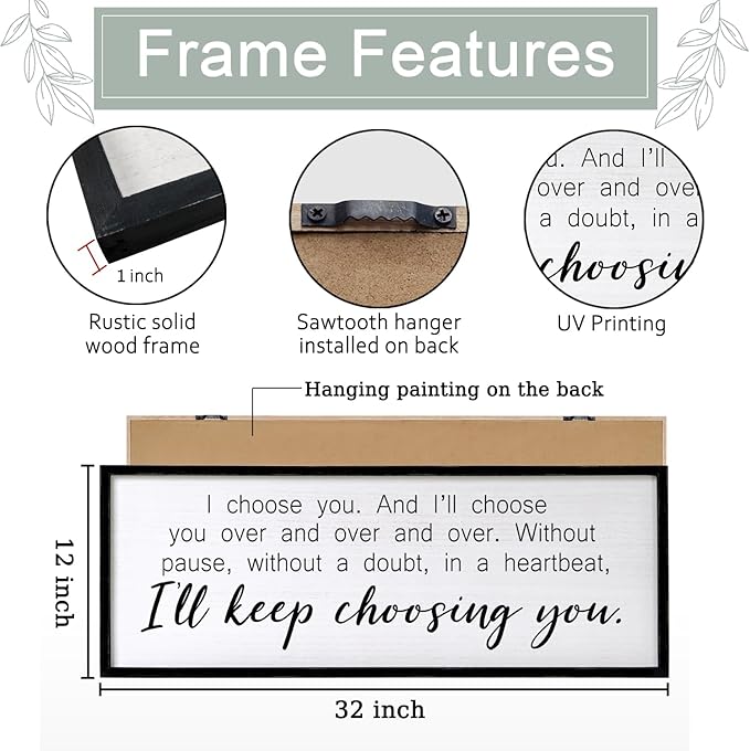 I Choose You Sign Wall Decor Art Above Bed 32X12 Inch I Love You Romantic Wood Framed for Master Bedroom Over Bed I'll Keep Choosing You Sign (Black)