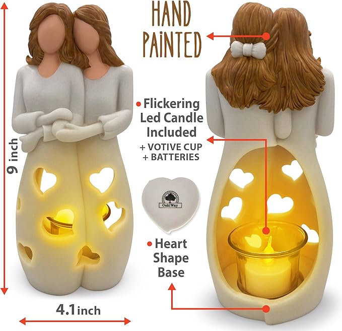 Sisters for Mom | Candle Holder Statue with Flickering LED Candle | Mothers Day, Friendship Bday, Bestie, BFF Christmas Unique Present for Her
