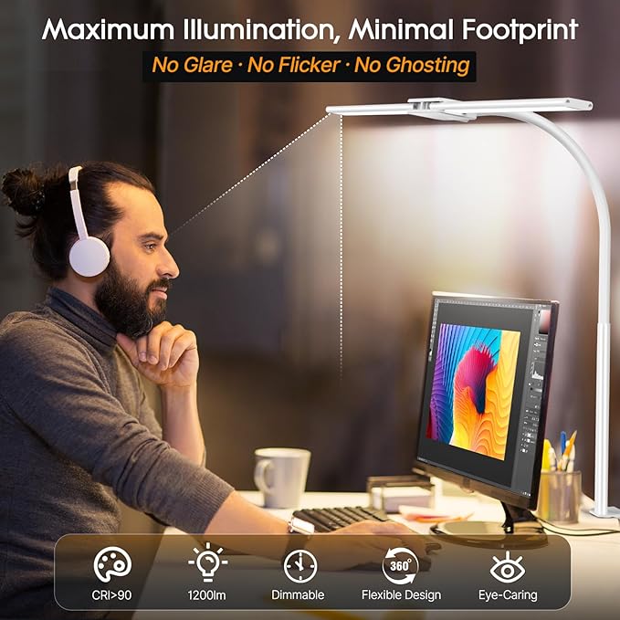 Syrinx LED Desk Lamp, Double Head Gooseneck Desk Lamps for Home Office with Gesture Switch & Wired Control, 12W Bright Modern Desk Light Eye-Caring Office Desk Lamp with Clamp for Crafting Reading