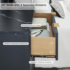 T4TREAM Fluted 3 Drawer Dresser, 32" Tall Modern Chest of Drawers with Faux Marble Top, Curved Profile Design, Wood Drawer Organizer for Bedroom, Living Room, Hallway, Entryway, Dark Grey