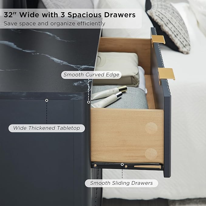 T4TREAM Fluted 3 Drawer Dresser, 32" Tall Modern Chest of Drawers with Faux Marble Top, Curved Profile Design, Wood Drawer Organizer for Bedroom, Living Room, Hallway, Entryway, Dark Grey