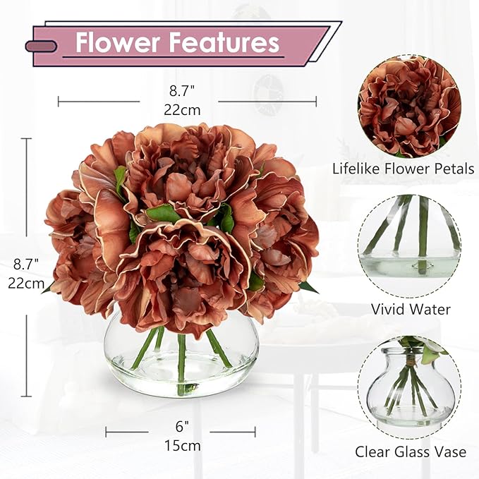 Hollyone Coffee Peonies with Vase Fall Flowers Artificial for Decoration Faux Flower Peony Fake Flowers Silk Flower Arrangements in Glass Vase with Faux Water Centerpiece Fall Decorations for Home