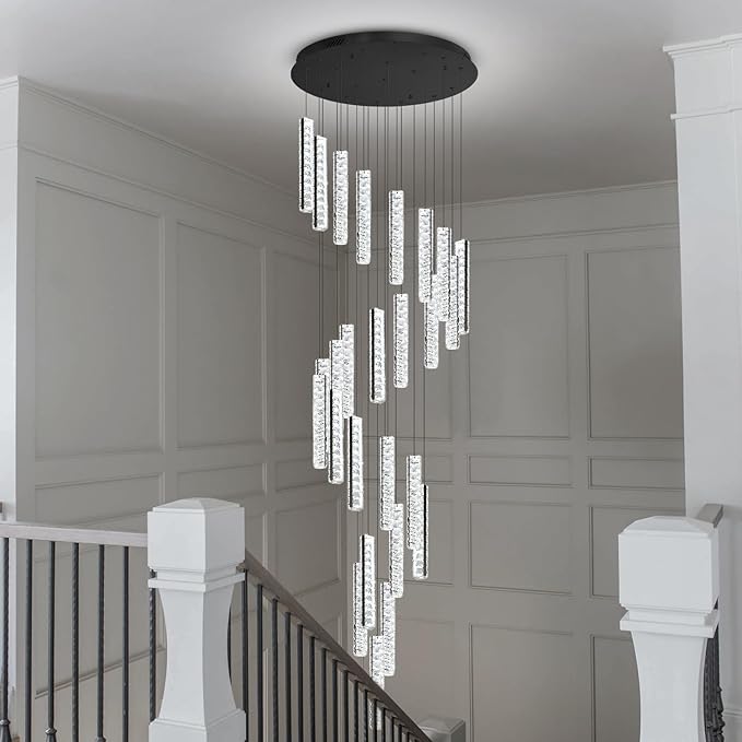 Modern Large Crystal Chandelier for High Ceiling LED Dimmable Chandelier Lighting for Foyer Hallway Staircase 36-Light Black