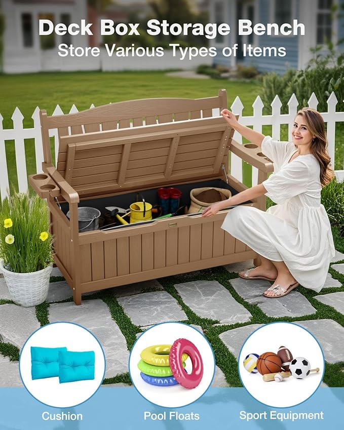 YEFU Outdoor Storage Bench for Patio: Heavy Duty Garden Bench with 96° High Backrest & Oversized Seating - HIPS Weatherproof Patio Bench with Storage for Porch Park Backyard, Teak