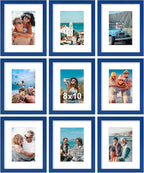 Vittanly 8x10 Picture Frame Set of 9 - Display 5x7 Photos with Mat or 8x10 Without Mat, Wall Mount & Tabletop Frames for Home Decor, Horizontal or Vertical (Blue)