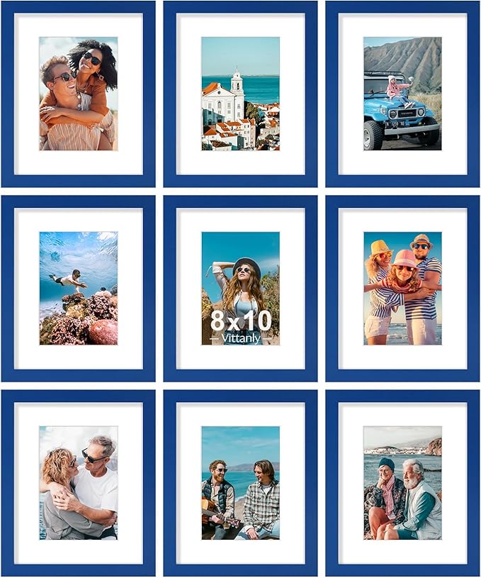 Vittanly 8x10 Picture Frame Set of 9 - Display 5x7 Photos with Mat or 8x10 Without Mat, Wall Mount & Tabletop Frames for Home Decor, Horizontal or Vertical (Blue)