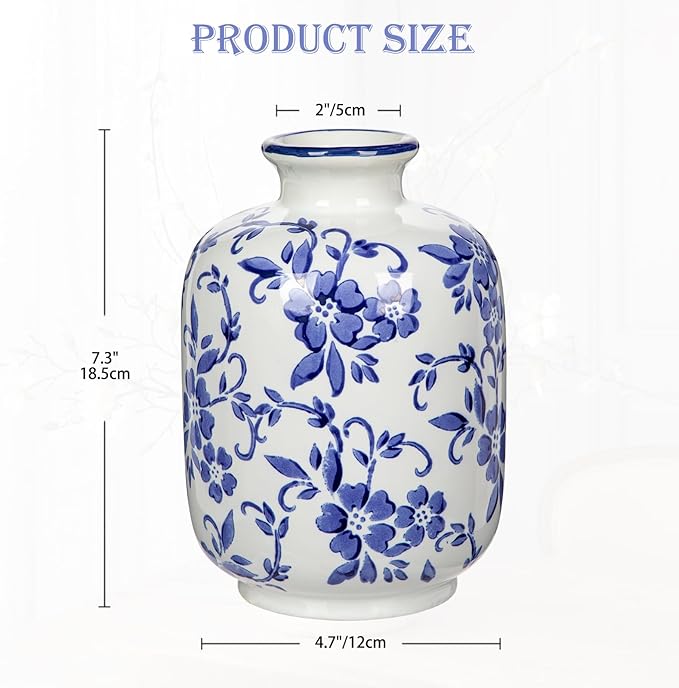 Hollyone Blue and White Porcelain Vase Large Chinoiserie Floral Vintage Tall Blue Ceramic Vases for Home Mantle Shelf Living Room Table Centerpieces Decor, 7.3 Inch