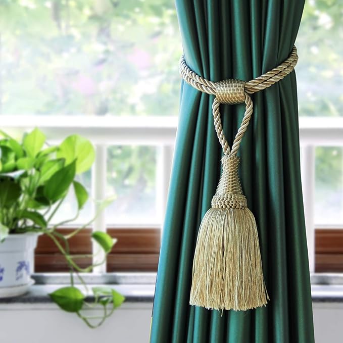 Fenghuangwu Curtain Tiebacks Handmade Elegant Curtain Tie Backs Holdbacks with Tassel for Home Office Decor 2 Pack - Beige