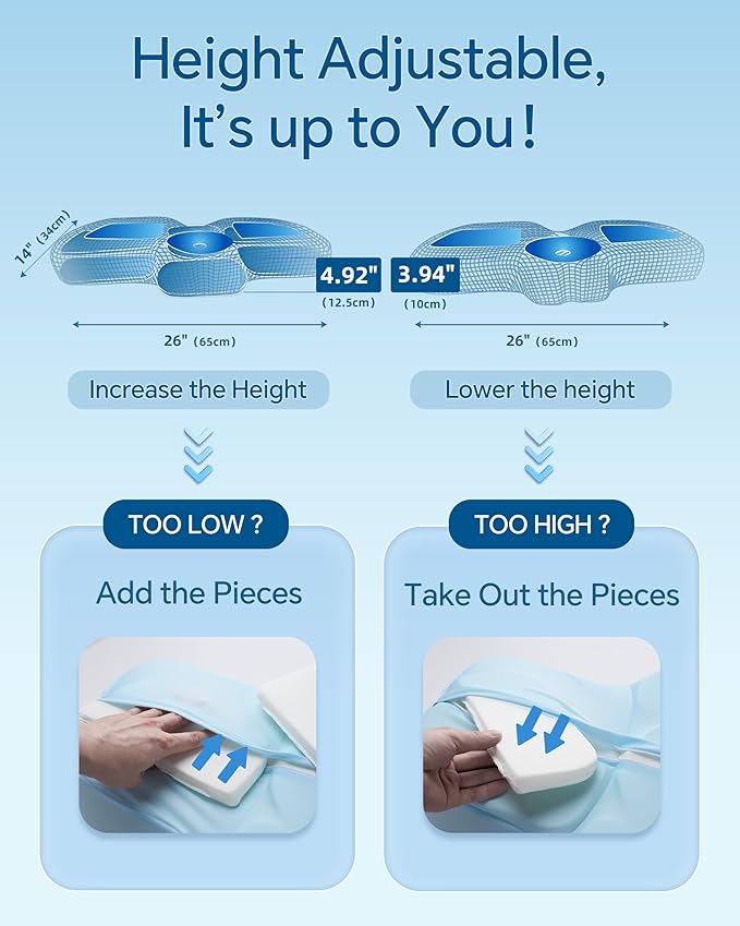 MASTERY MART Adjustable Memory Foam Pillow for Neck Pain Relief, Cooling Cervical Pillow, Thin Orthopedic Bed Pillow for Side Back Stomach Sleeper - 63x40cm