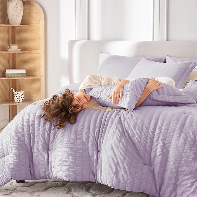 MUXHOMO 7 Pieces King Comforter Set, Seersucker Bed in a Bag King Size, All Season Luxury Bedding Set with Comforter, Flat Sheet, Fitted Sheet, Pillowcases & Shams, Lavender