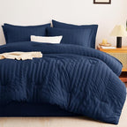 CozyLux Full Size Comforter Sets with Sheets Seersucker 7 Pieces Navy Blue Bed in a Bag Textured Luxury Soft Bedding Set with Down Alternative Comforter, Sheets, Pillowcases & Shams for All Seasons