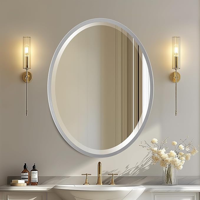 OVALCREST - Oval Wooden Beveled Wall Mirror for Home Decor, Bathroom, Vanity, Bedroom, Living Room, Hallway - London Style (Silver Spray) 17.1 x 21.1