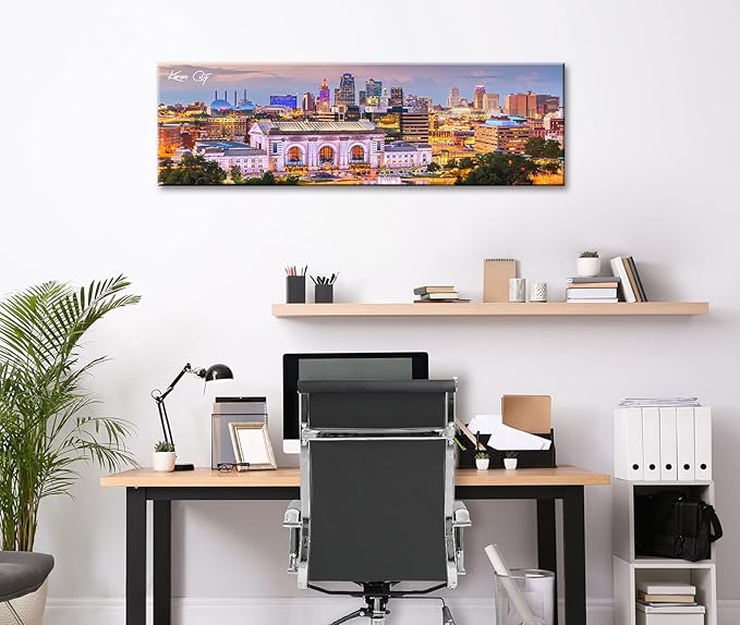 Pictures for Bedroom Kansas City Skyline Wall Art Canvas Prints Cityscape USA City Building Panoramic Night View Posters Modern Home Office Living Room Decoration Framed 13.8"x 45.3"