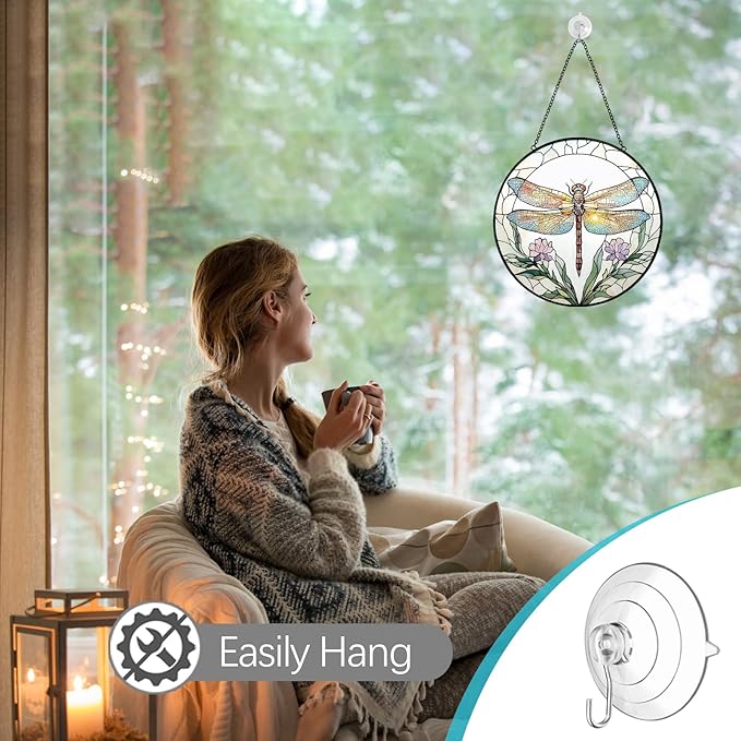 Dragonfly with Flower Suncatcher Stained Glass Window Hanging - 8” Stained Glass Suncatchers for Windows - Sun Catchers Indoor Window Catcher with Hooks and Chain - Birthday Gifts for Mom Grandma