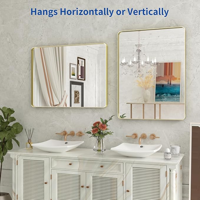 WEER Gold Bathroom Mirror, 24X32 Inch Brushed Gold Metal Frame Mirror, Rounded Rectangle Gold Bathroom Vanity Mirror for Wall, Tempered Glass, Anti-Rust, Hangs Horizontally or Vertically