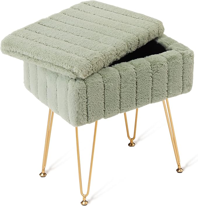 Wimarsbon Faux Mink Fur Storage Ottoman, Modern Soft Footstool, Storage Bench with Metal Legs, Vanity Seat, Fur Stool, Ottoman Coffee Table, Makeup Chair, Vanity Stools for Bedroom (Light Green)