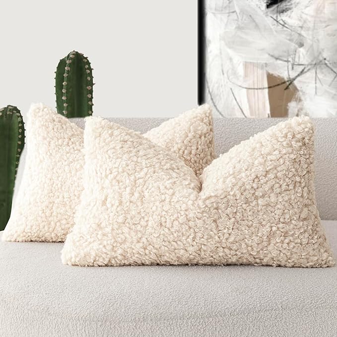 Foindtower Set of 2 Curly Teddy Wool Pillow Covers Decorative Boucle Textured Lumbar Throw Pillow Faux Fur Sherpa Pillowcases Sheepskin Fuzzy Cushion Case for Sofa Bedroom Car 12"x20" Cream Beige