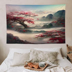 Japanese Tapestry, Red Plum Cherry Blossom Mountain, Asian Wall Art, Nature Landscape for Bedroom & Living Room Decor, 60"x40"