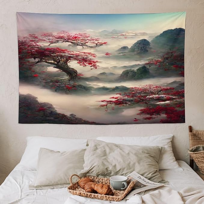 Japanese Tapestry, Red Plum Cherry Blossom Mountain, Asian Wall Art, Nature Landscape for Bedroom & Living Room Decor, 60"x40"