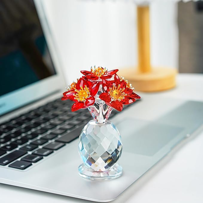Crystal Red Flower Figurine with Base Glass Flower Figurine Collectibles Gifts for Women Mum Crystal Decoration for Home Office