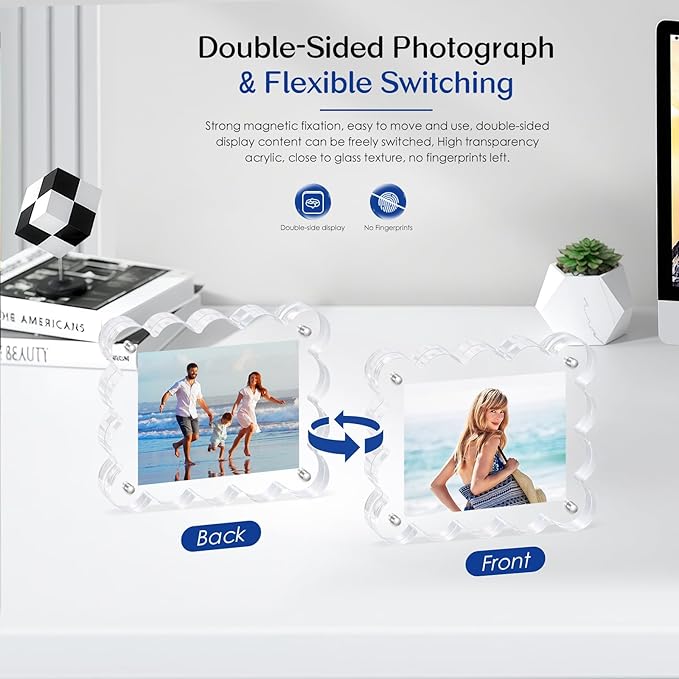 6Pack Magnetic Acrylic Picture Frames 2×3 Inch - Scalloped Glass Frame with 10+10mm Thick Block, Double Sided Clear Frames for Desktop Display | Trendy Home Gift