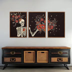 KAIRNE Gothic Skull Wall Art,Halloween Skeleton Canvas Set of 3(16”x24”),Scary Skull Painting,Horror Floral Botanical Prints,Romantic Spooky Halloween Wall Art for Living Room Bedroom Goth Party Decor
