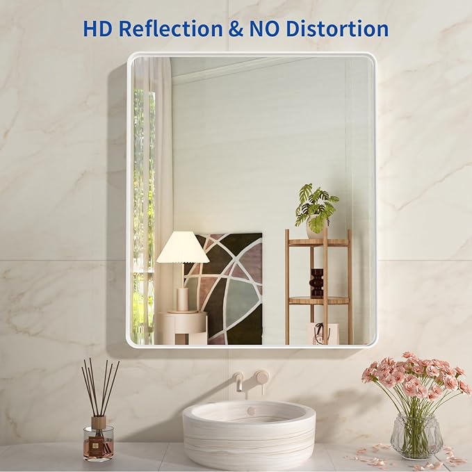 WEER White Bathroom Mirror 36X30 Inch, Rounded Rectangle White Metal Frame Mirror, Matte White Bathroom Vanity Mirror with Tempered Glass, Anti-Rust, Hangs Horizontally or Vertically