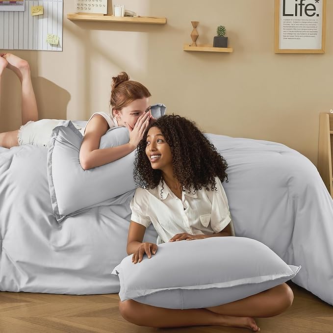 Litanika Light Grey Twin/Twin XL Comforter Set, 2 Pieces Lightweight Solid Bedding Comforter Set, All Season Fluffy Bed Set (66x90In Comforter & 1 Pillowcase)