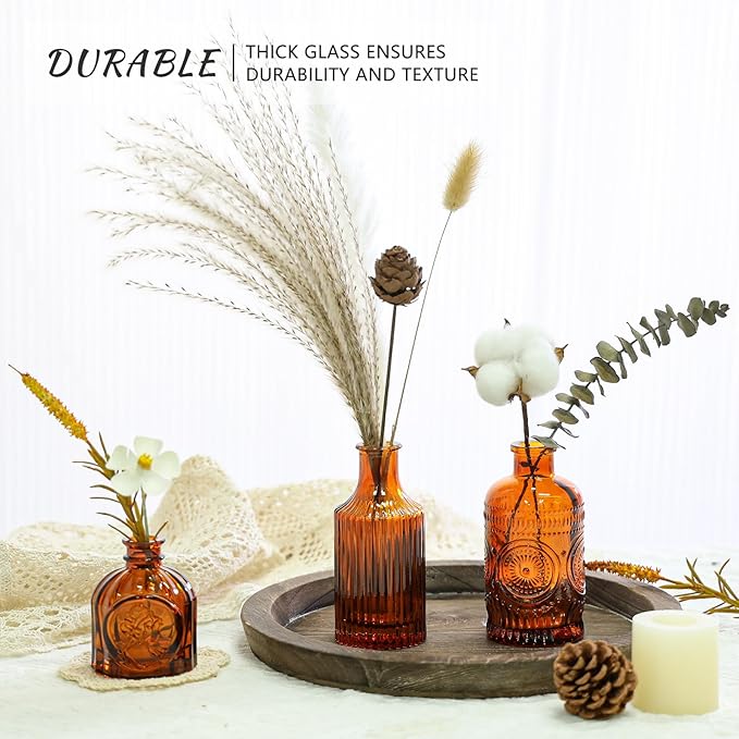 Glass Bud Vase Set of 5, Amber Small Flower Vases for Centerpieces in Bulk, Mini Vintage Vase for Rustic Wedding, Home,Table Decoration