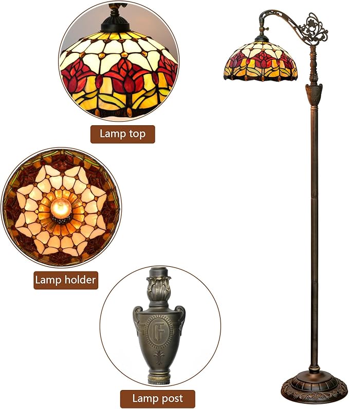 Tiffany Floor Lamp Vintage Standing Lamp Red Tulip Style Stained Glass Floor Light Rustic Corner Gooseneck Floor Lamp with Adjustable Angle for Home Decor Living Room Bedroom 12X12X63 Inches
