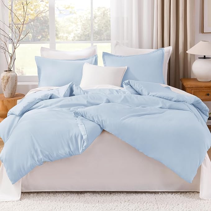 Litanika Comforters Light Blue California King Size, 3 Pieces Cal King Lightweight Solid Bedding Comforter Set, All Season Fluffy Bed Set (104x96In Comforter & 2 Pillowcases)