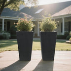 GreenShip 27" Tall Planters, Set of 2 – Black Outdoor Planter for Front Porch & Tall Plants, Weather-Resistant, with Drainage Hole & Rubber Plug (No Plants Included) (Black-2pcs)