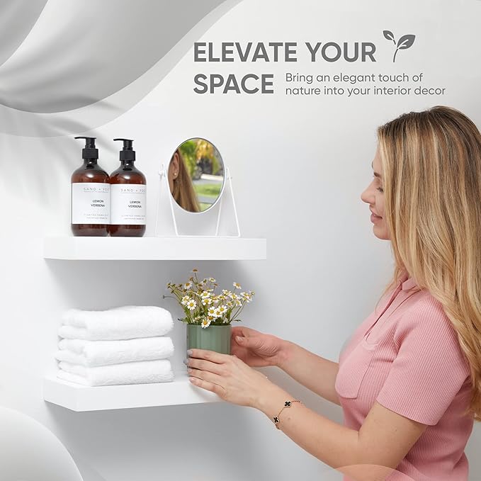 Homeforia White Floating Shelf 18 inch, High End Solid Real Wood 18inch Bathroom Floating Shelves for Wall Mounted, White Wooden 18in Floating Shelves, Heavy Duty Bracket, 18 X 6.5 X 1.75 in, Set of 2