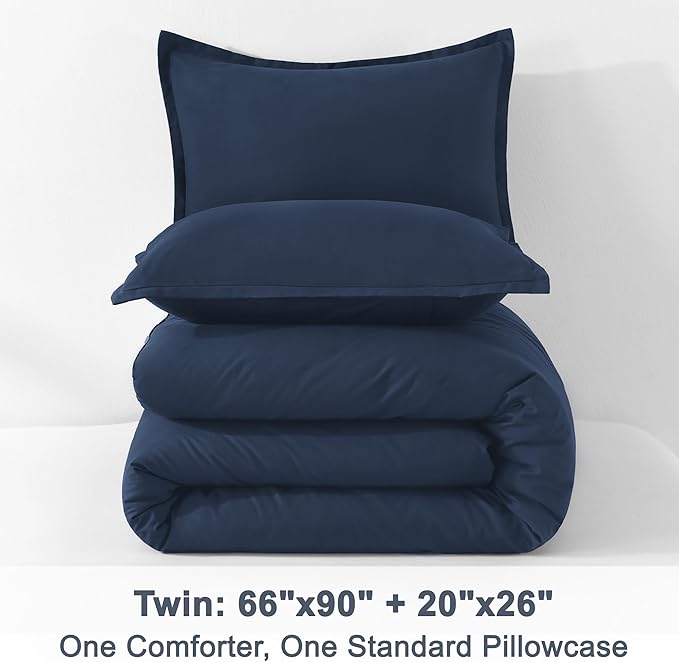Litanika Navy Blue Twin/Twin XL Comforter Set, 2 Pieces Lightweight Solid Bedding Set, All Season Fluffy Bed Set (66x90In Comforter & 1 Pillowcase)
