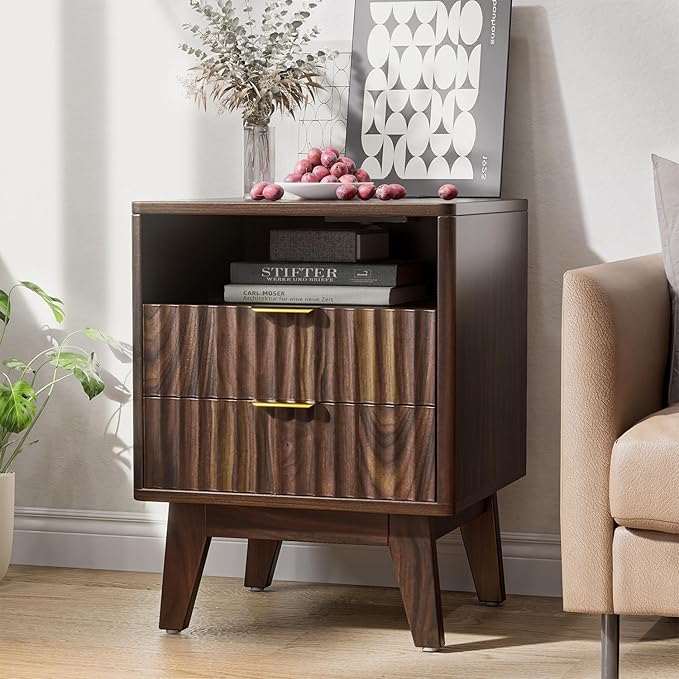 Nightstands with Charging Station, Modern Fluted 2 Drawers End Tables, Side Tables with Storage Shelf for Bedroom, Office, Walnut