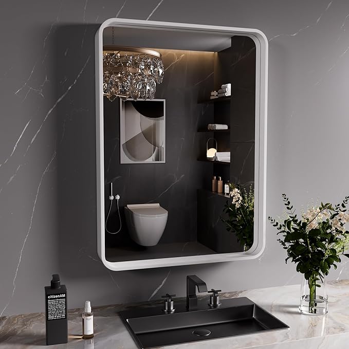 White Bathroom Mirror 20x30 Inch, White Metal Framed Bathroom Mirror for Wall, Rounded Rectangle Matte Bathroom Vanity Mirror, Tempered Glass, Anti-Rust, Horizontal/Vertical