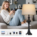 28.75" Black Table Lamps Modern 3-Way Dimmable Bedside Lamp with USB A+C Ports & AC Outlets for Living Room Bedroom Nightstand Lamp,Beige Fabric Shade Mid Century Accent Style
